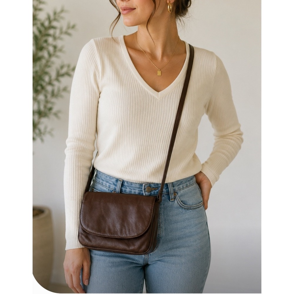 Espresso Brown Pebbled Leather Crossbody Bag Flap Front Messenger Purse
